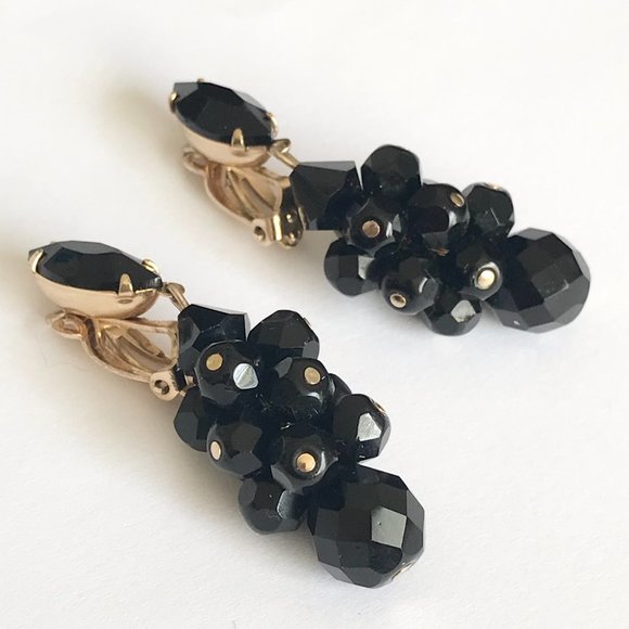 Vintage Lewis Segal California Black Faceted Bead Clip On Earrings Gold Tone - Picture 5 of 11